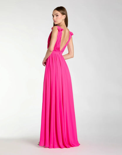 Pink Sleeveless Pleated Chiffon V-Neck Gown