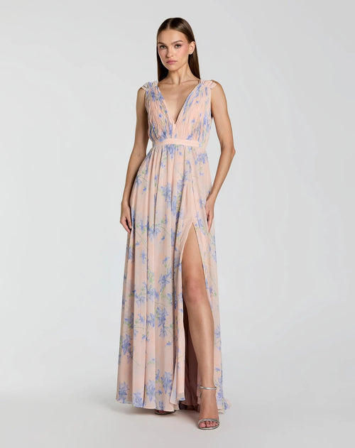 Pink Sleeveless Pleated Floral Print Chiffon V-Neck Gown