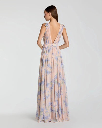 Pink Sleeveless Pleated Floral Print Chiffon V-Neck Gown