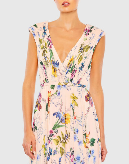 Pink Multicolor Pleated Floral Cap Sleeve A Line Gown