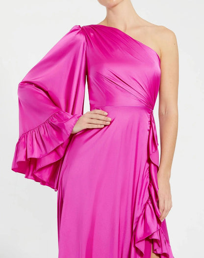 Pink Long One Sleeve Asymmetrical Ruffle Hem Gown