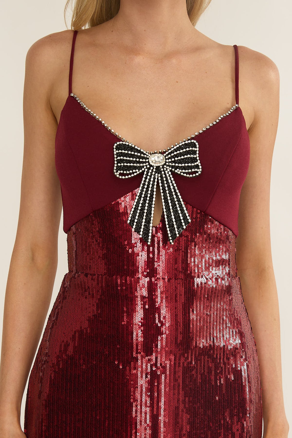 Nolani Sequin Bow & Diamante Maxi Dress Wine