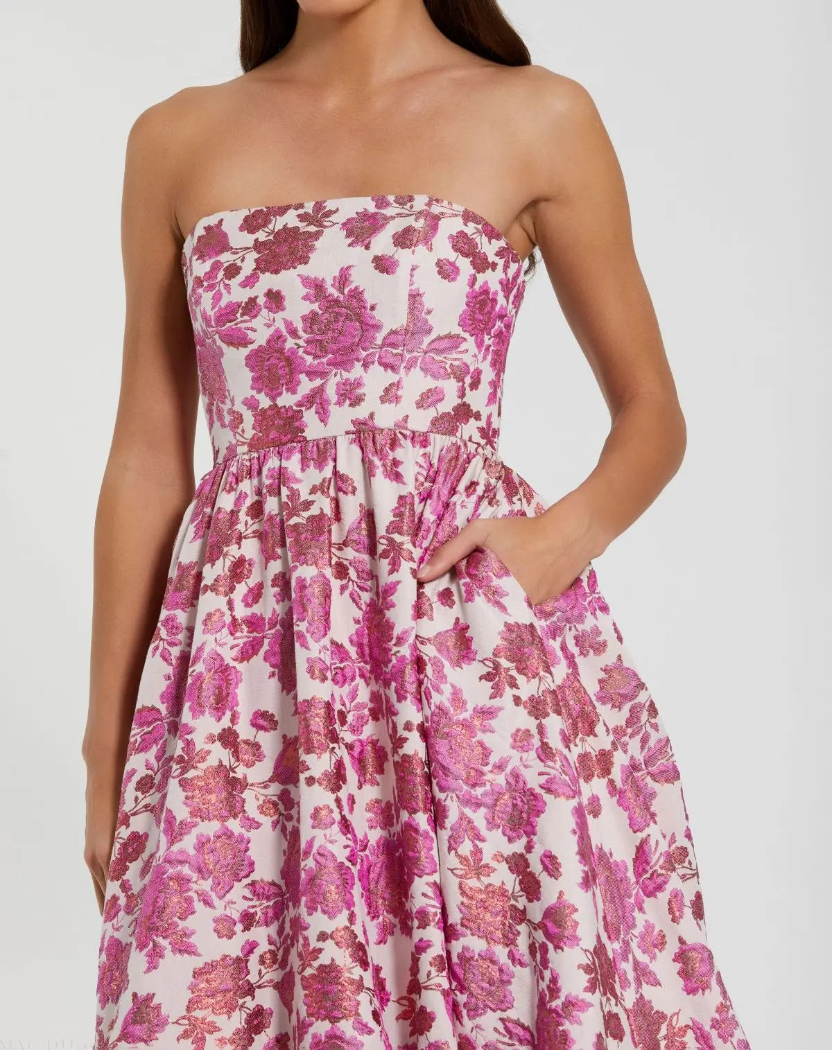 Pink Floral Brocade Strapless A Line Midi Dress
