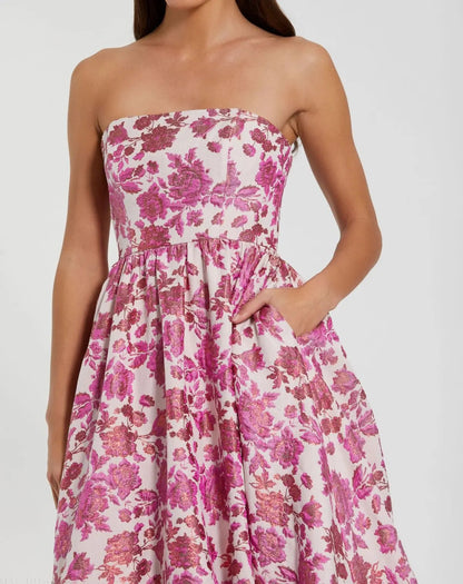 Pink Floral Brocade Strapless A Line Midi Dress
