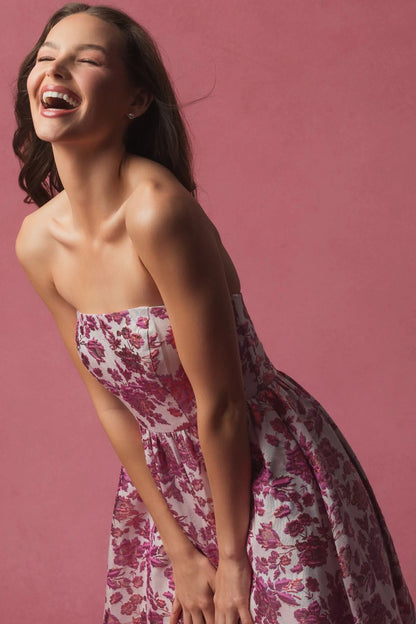 Pink Floral Brocade Strapless A Line Midi Dress