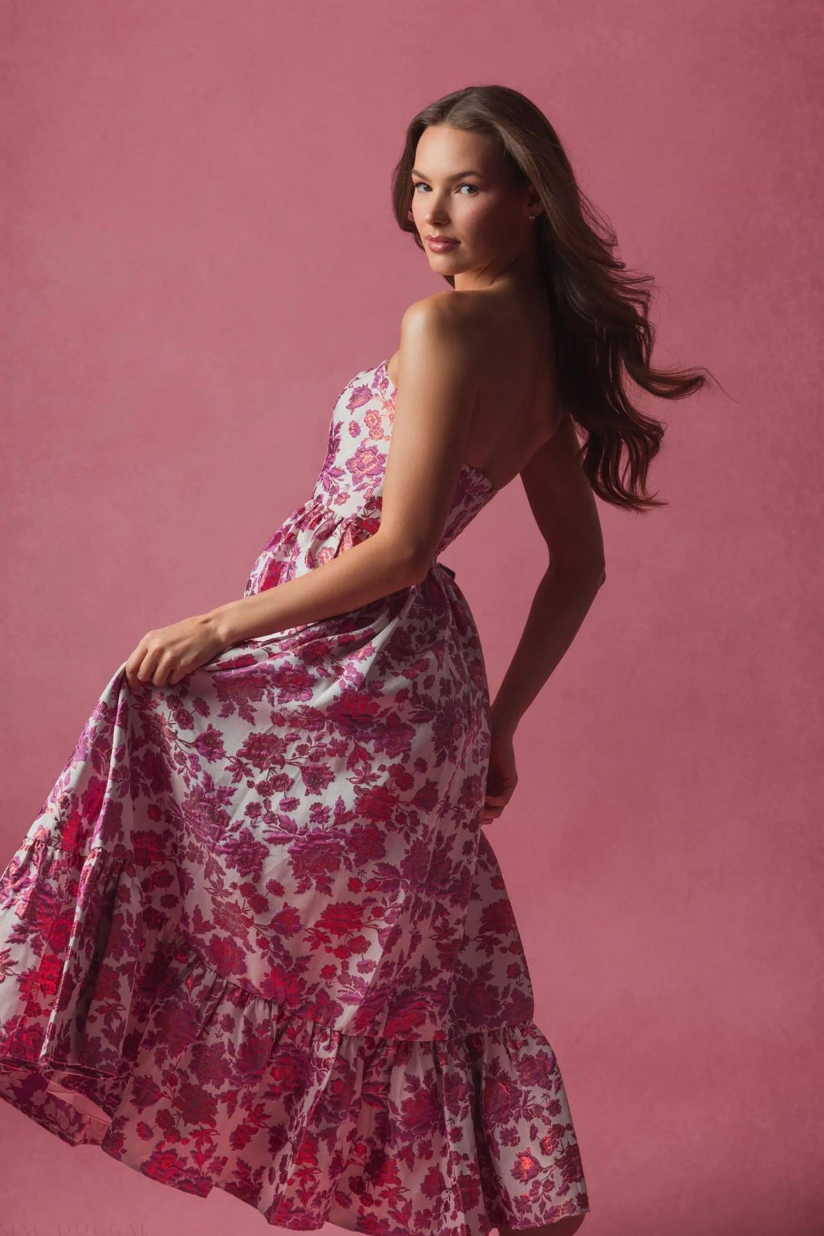 Pink Floral Brocade Strapless A Line Midi Dress