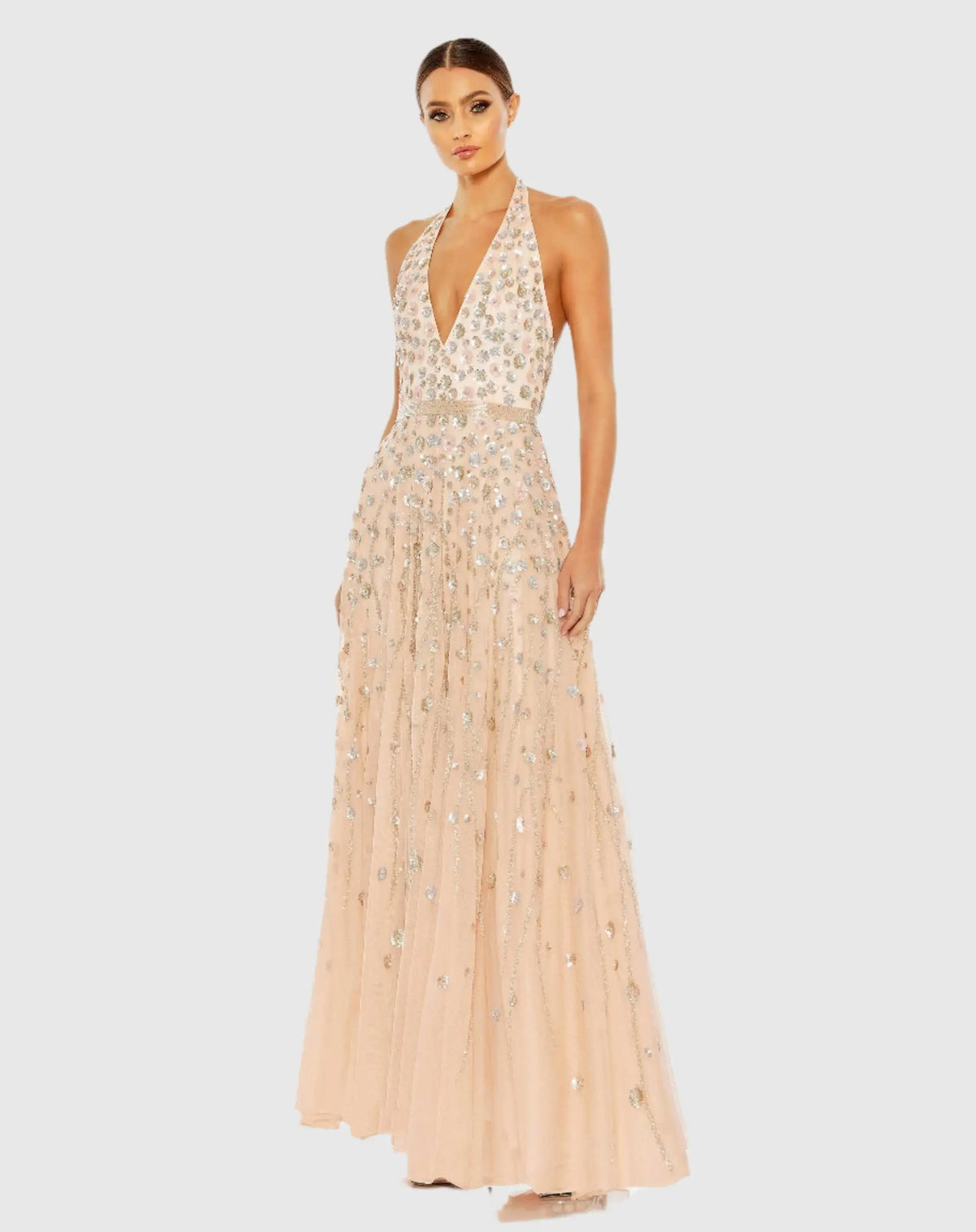 Pink Floral Embellished Halter Strap A Line Gown