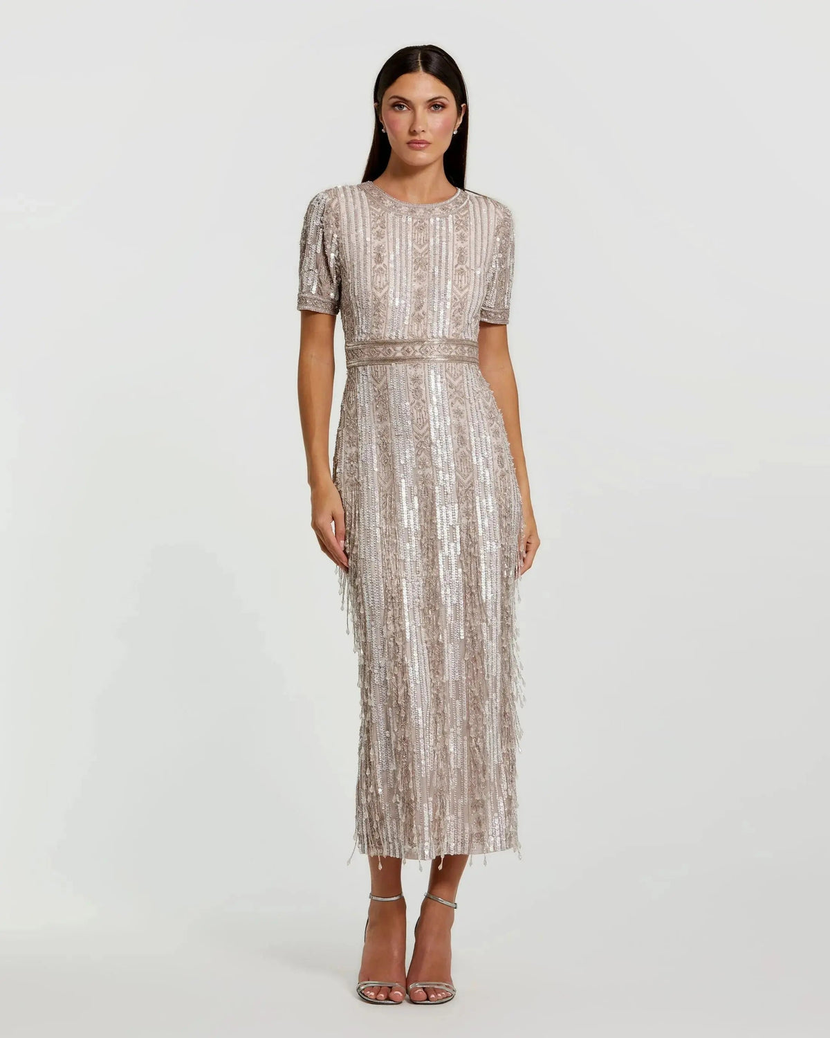 Pink High Neck Short Sleeve Crystal Fringe Sheath Dress