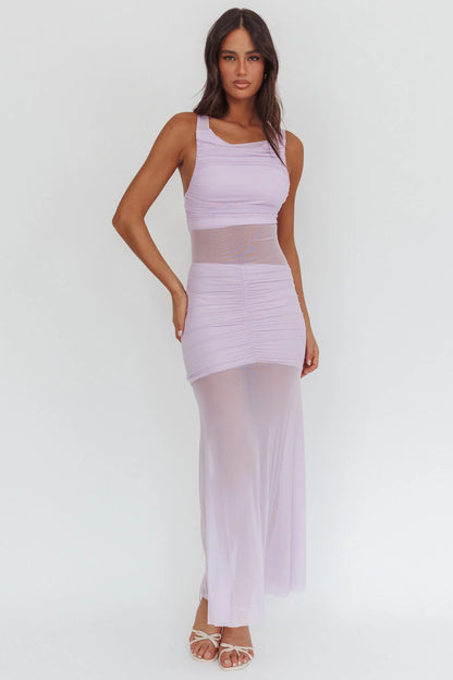 Sade Sheer Panel Ruched Maxi Dress Lilac