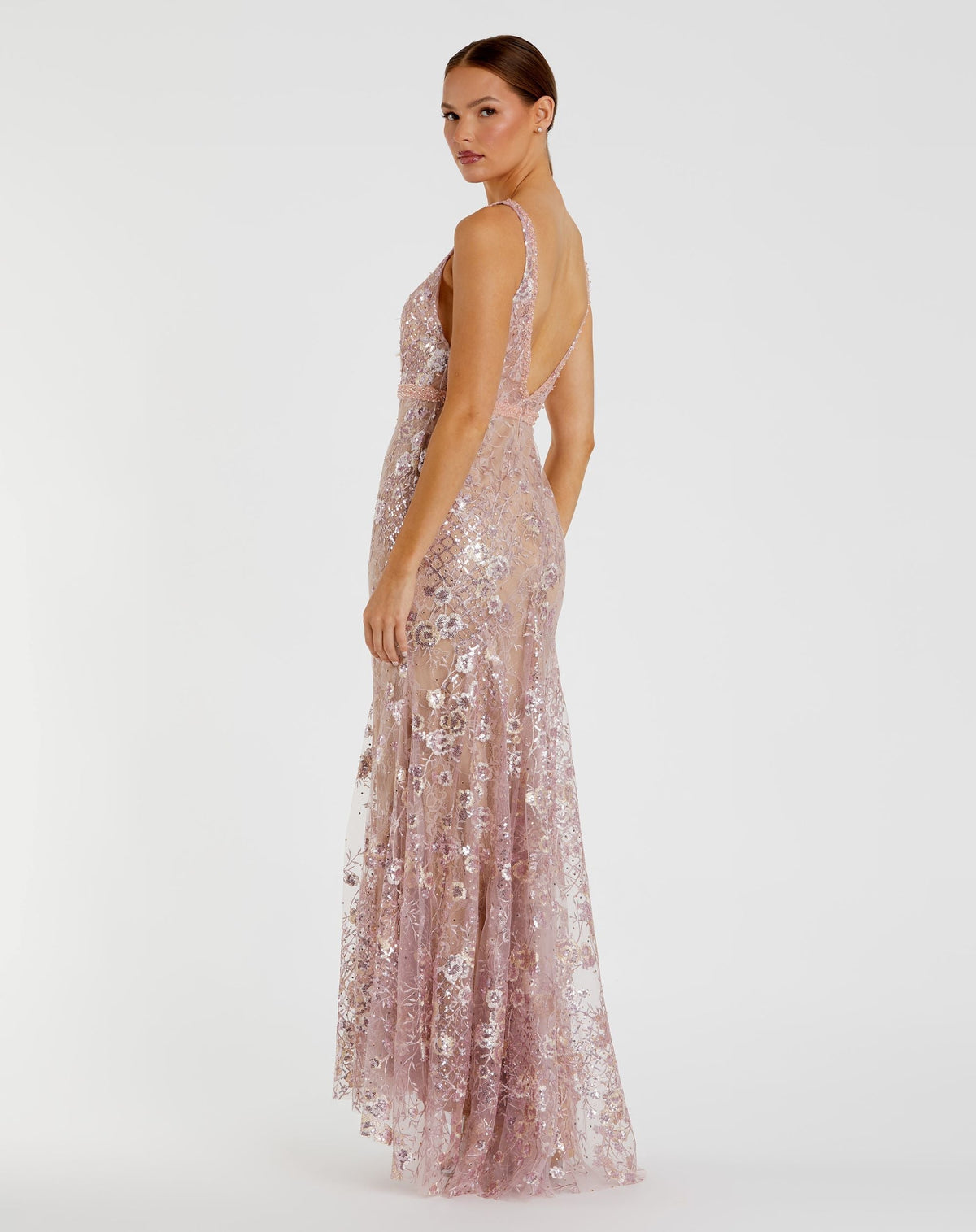 Pink Floral Embellished Sleeveless Plunge Neck Gown
