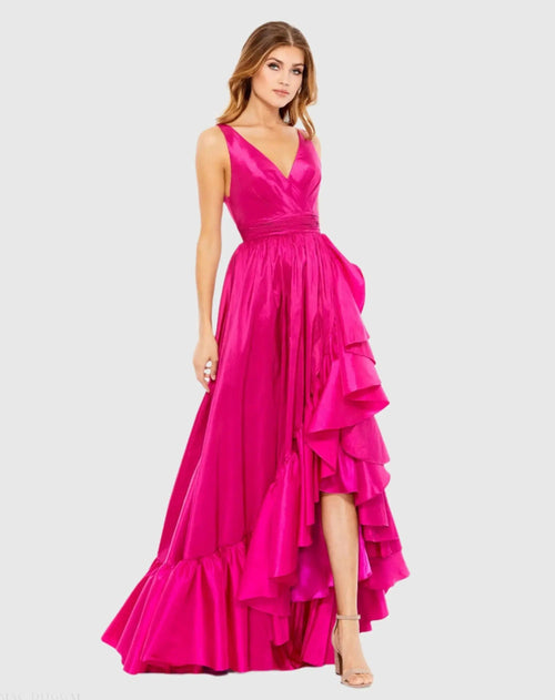 Pink Taffeta High Low Ruffle Gown