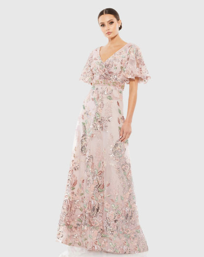 Pink Floral Embellished Short Sleeve Gown