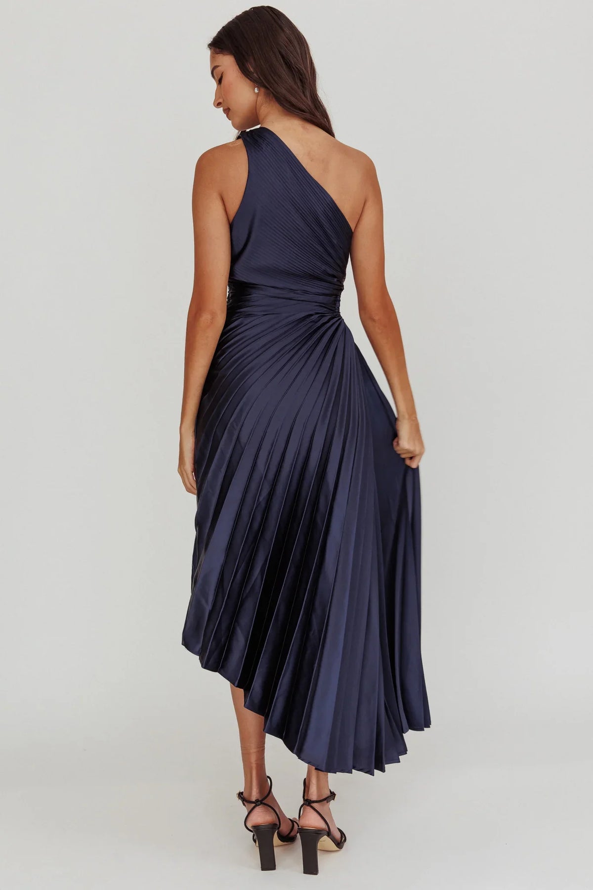 Brooklynn One-Shoulder Accordion Pleat Midi Dress Navy