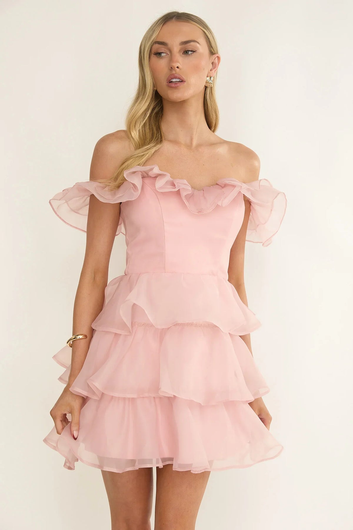 Rosira Off-Shoulder Ruffle Mini Dress Pink