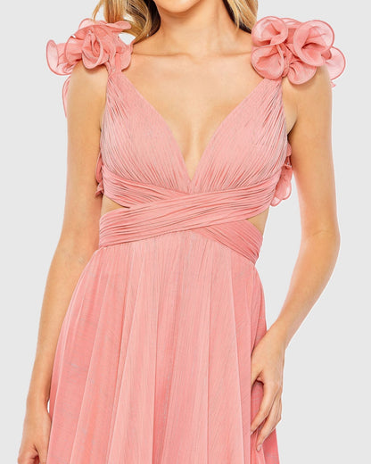 Pink Ruffle Sleeve V Neck A Line Gown