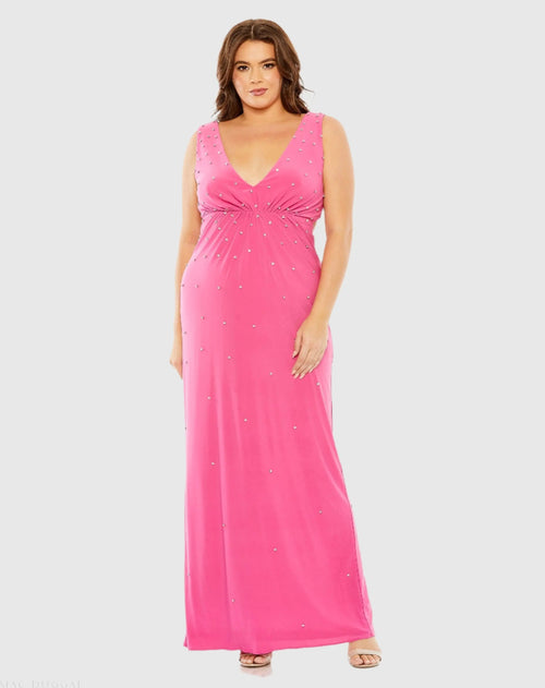 Pink Rhinestone Embellished Open Back Jersey Gown (Plus) - FINAL SALE