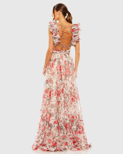 Pink Ruffle Tiered Floral Cut-Out Chiffon Gown