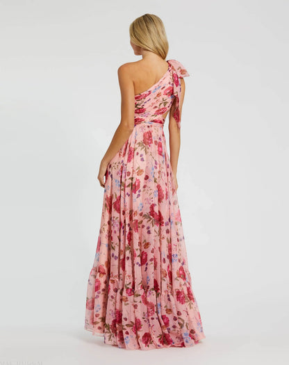 Pink One Shoulder Floral Printed Chiffon Side Cut Out Gown