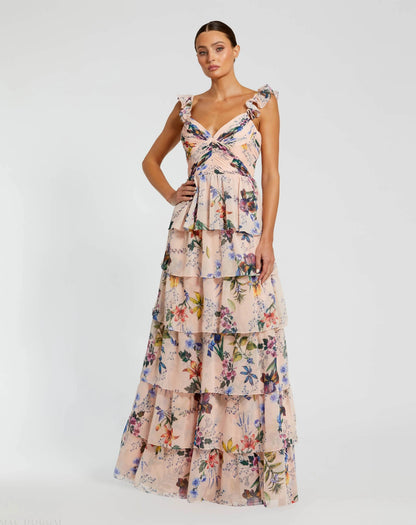 Pink Ruffle Sleeveless Chiffon Tiered Floral Print Gown