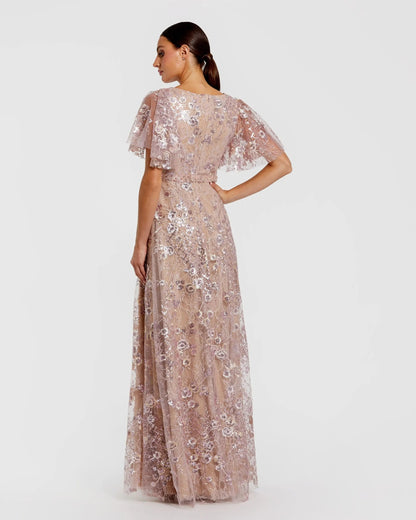 Pink Lace Embellished Flutter Sleeve A-Line Gown