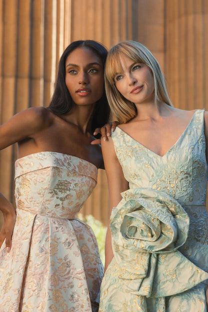Pink and White Strapless Floral Brocade A Line Midi Dress