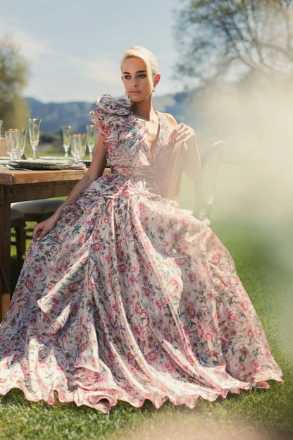 Pink Sleeveless V-Neck Floral Chiffon Ruffle Ball Gown