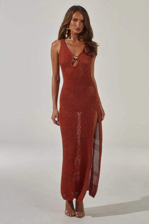 ARIYA SLEEVELESS KNIT MAXI DRESS - RUST METALLIC
