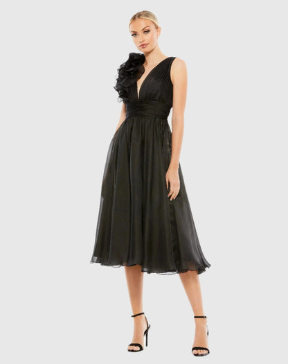 Plunging V Neck Ruffled A-Line Cocktail Dress