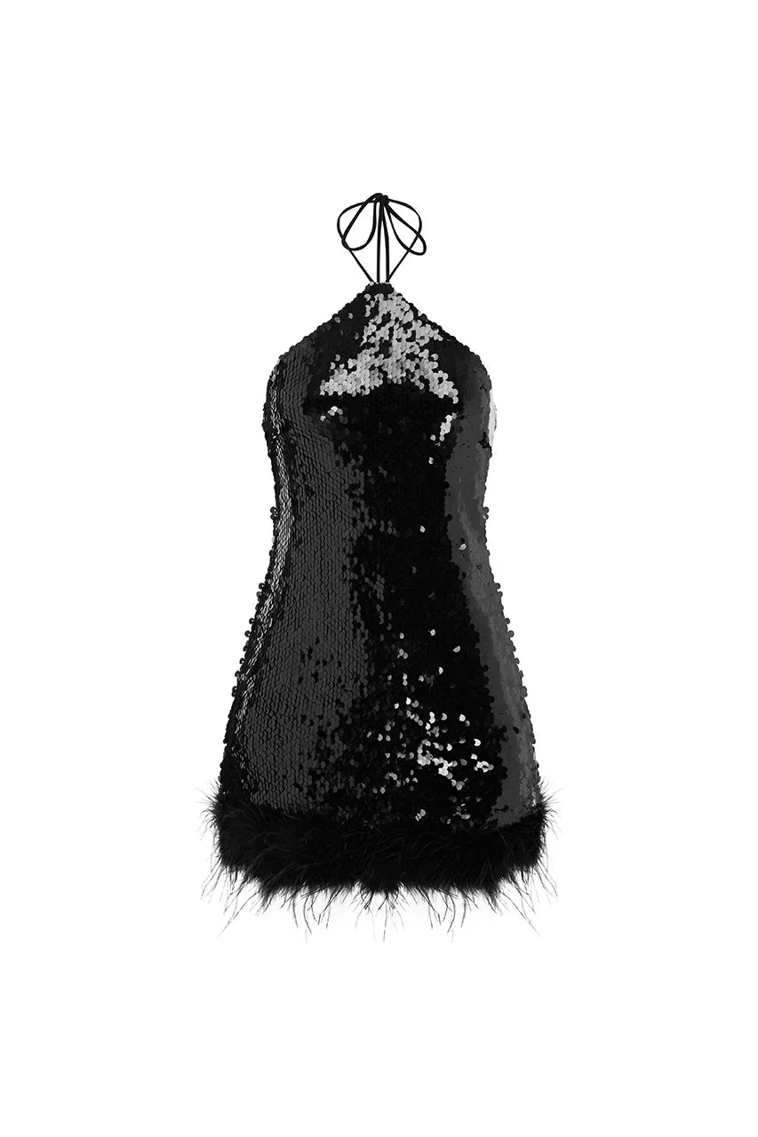 NICOLA FAUX FUR HEM MINI DRESS - BLACK