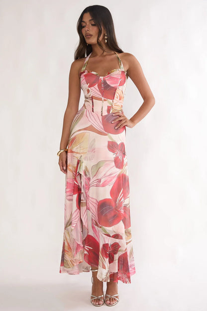 Moonlit Magic Halterneck Split Maxi Dress Floral Red