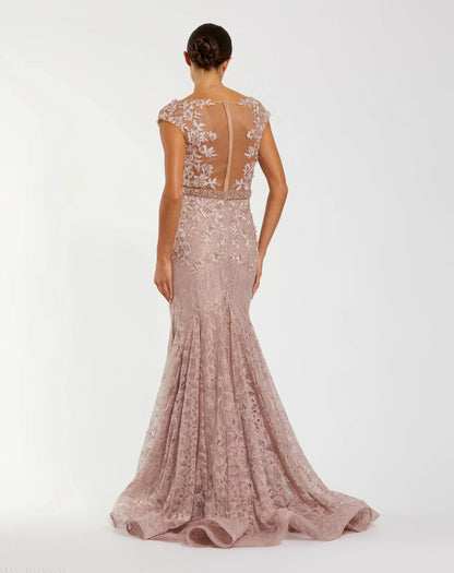 Pink High Neck Shoulder Flower Detail Mermaid Gown