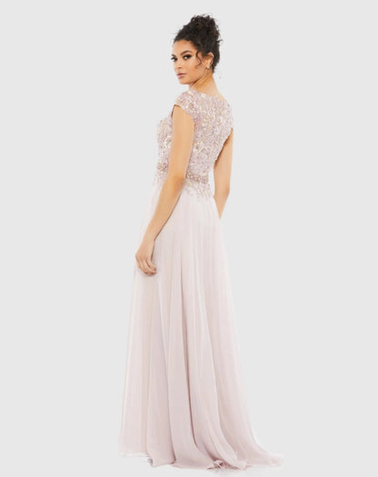 Pink Embellished Cap Sleeve Bodice Flowy Gown