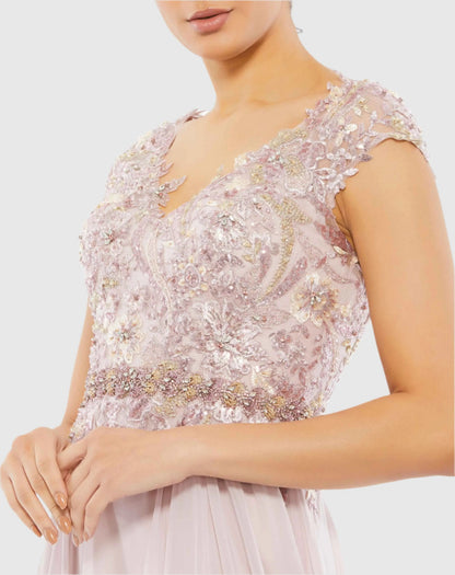 Pink Embellished Cap Sleeve Bodice Flowy Gown