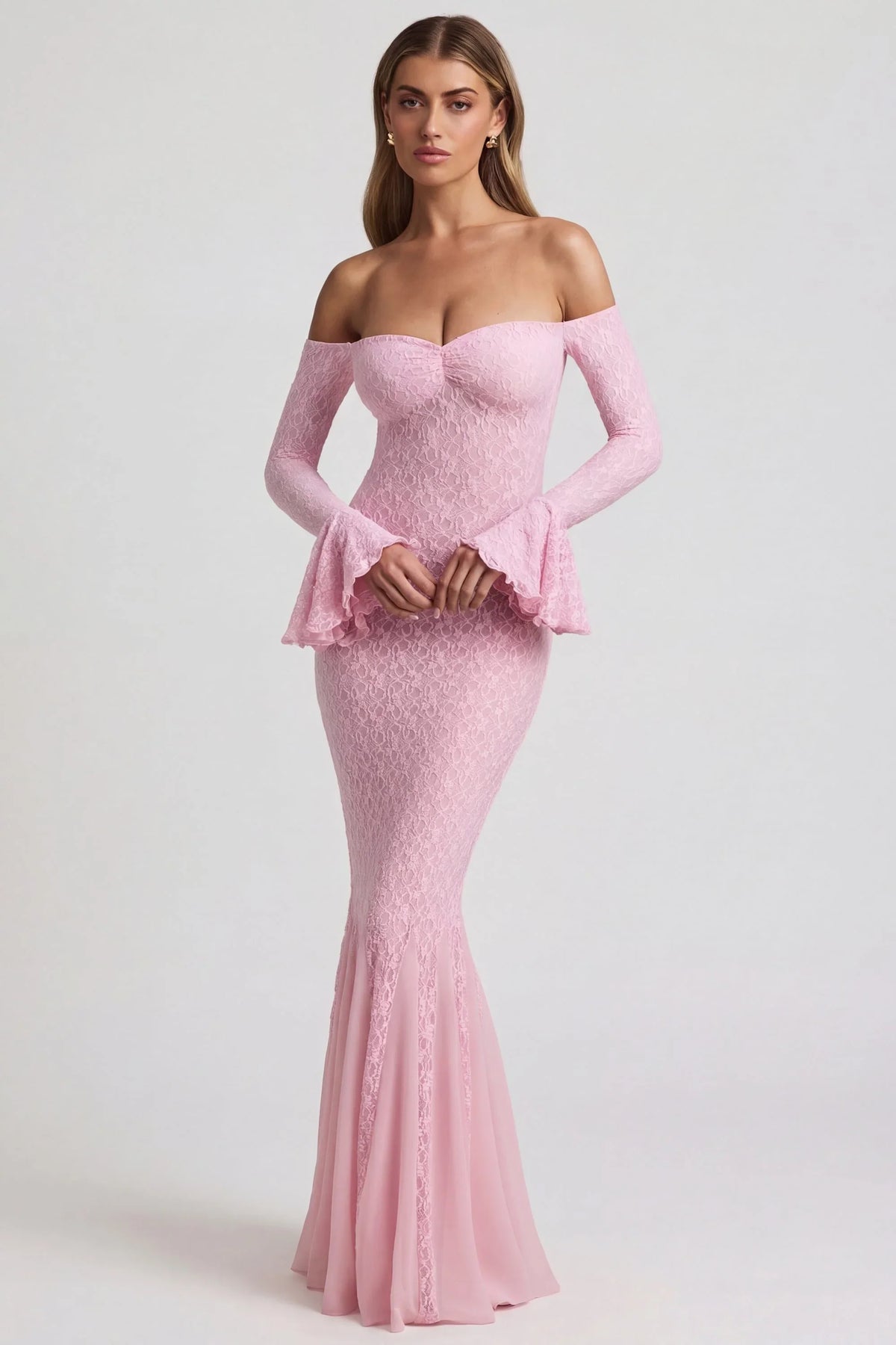 Off-Shoulder Ruffle Lace Maxi Dress in Soft Pink
