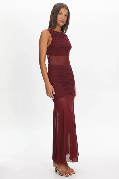 Sade Sheer Panel Ruched Maxi Dress Wine