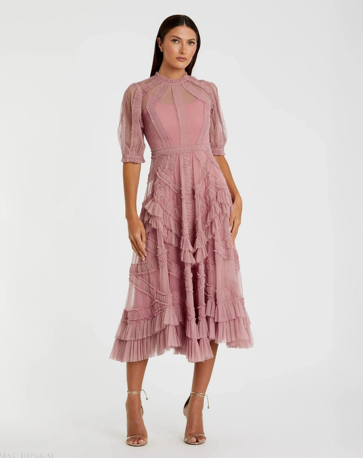 Pink High Neck Ruffle Tiered A-Line Midi Dress