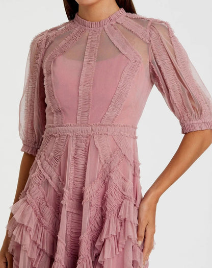 Pink High Neck Ruffle Tiered A-Line Midi Dress