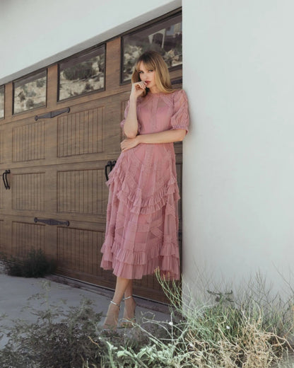 Pink High Neck Ruffle Tiered A-Line Midi Dress