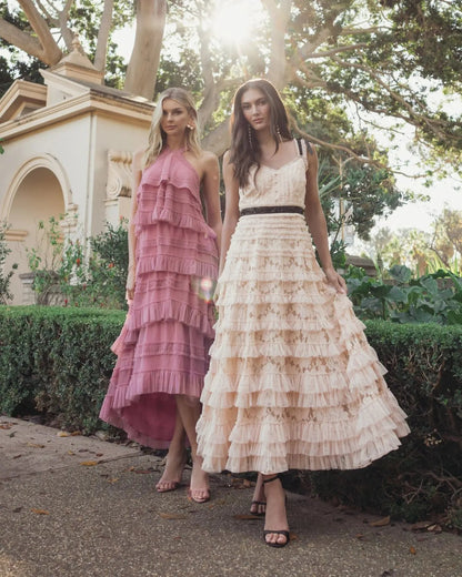 Pink Tiered Ruffle Halter Neck Midi Dress