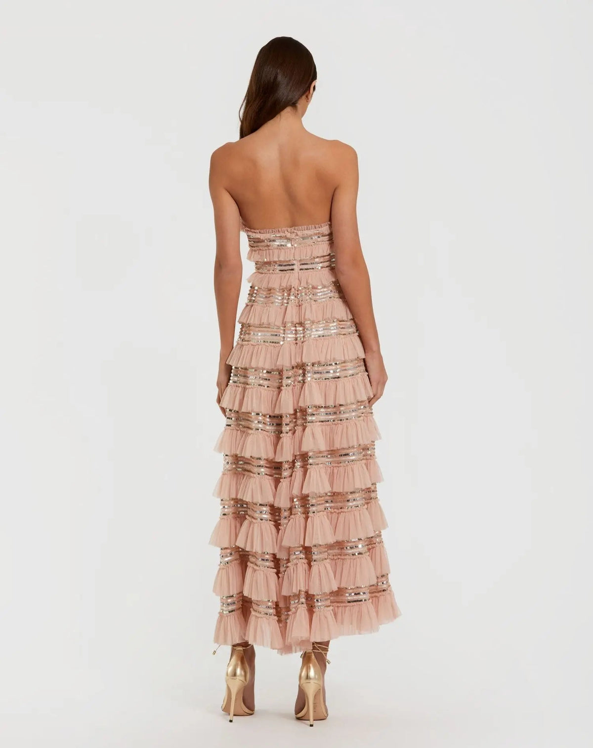Pink Strapless Sequin Micro Ruffle Maxi Dress