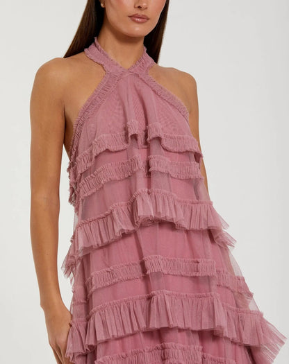 Pink Tiered Ruffle Halter Neck Midi Dress