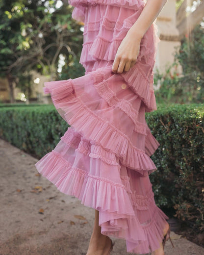 Pink Tiered Ruffle Halter Neck Midi Dress