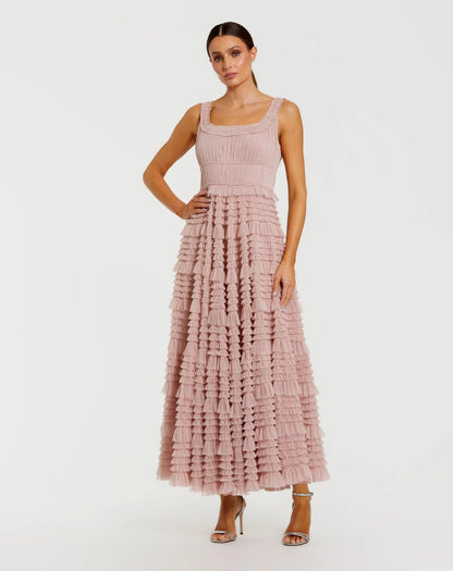 Pink Micro Ruffle Sleeveless Scoop Neck Maxi Dress