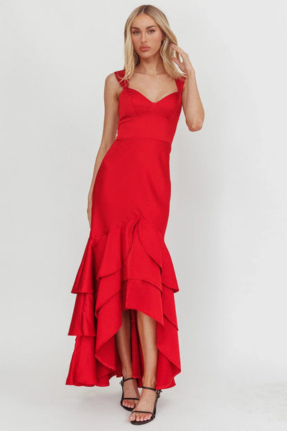 Baylin Layered Mermaid Hem Maxi Dress Red