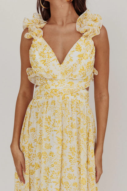 Madara Lace-Up Back Maxi Dress Floral Yellow