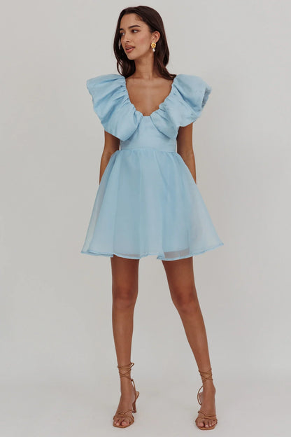 Kahlo Ruffle Neckline Mini Dress Blue