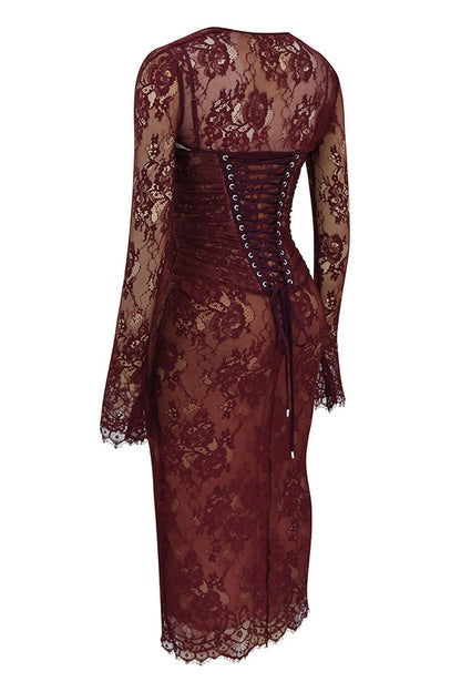 claret lace midi dress