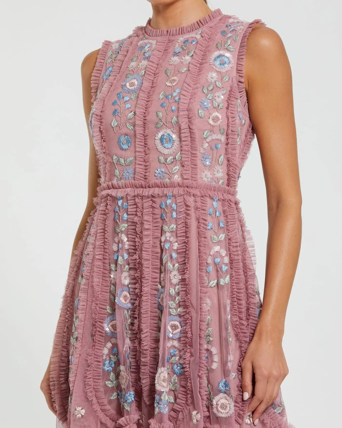 Pink Sleeveless High Neck Embroidered Mini Dress