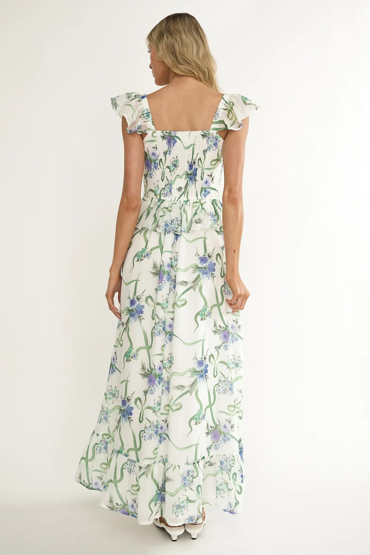 Hanalei Off-Shoulder Tied Bust Maxi Dress Floral White