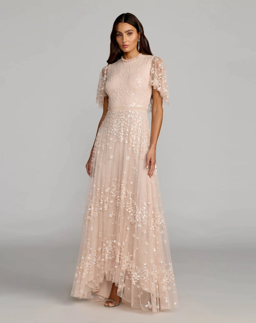Pink Sequined High Neck Flutter Sleeve A Line Gown